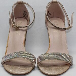 De Blossom Collection Britt Gold Iridescent Rhinestone Block Heel Sandals 7.5M